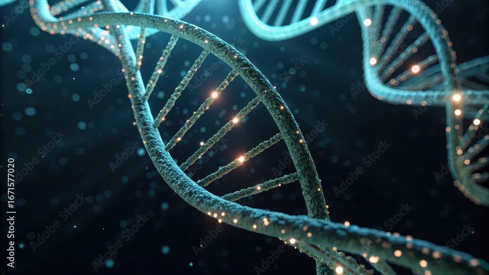 Poster bioluminescent biology art abstract visualization of a dna double helix in a dark, luminous environm