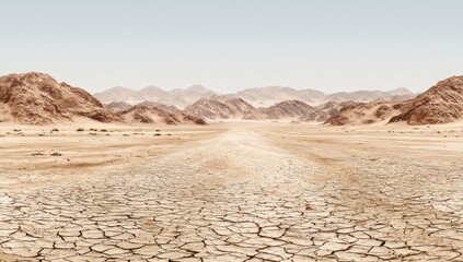 Arid desert landscape with cracked earth foreground, rolling hills, and a clear sky creating a sense of vastness and desolation
