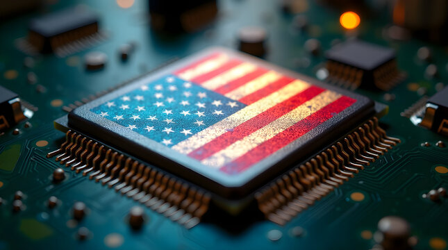United states flag projected on a computer processor symbolizing technological advancements