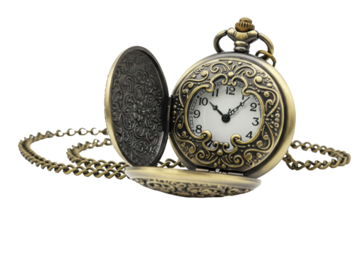 Isolated antique bronze pocket watch with chain, timekeeping device in open position