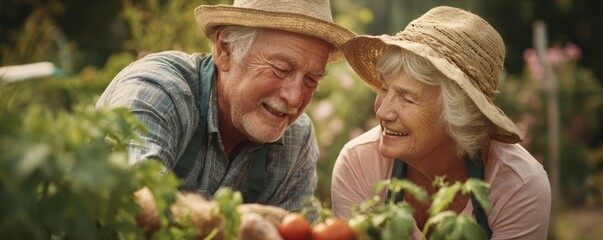Portrait of elderly couple gardening outdoors in soft light with space for text