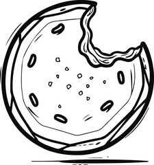 Black and white cookie line art vector, abstract doodle with bite mark, minimal dessert snack sketch icon 2
