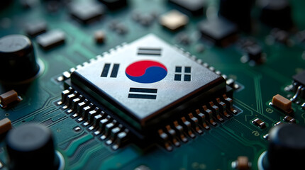 South korean flag printed on computer chip showing international trade and semiconductor production