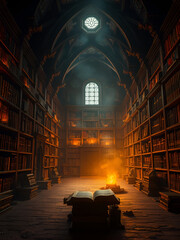 Ancient library, firelit interior, mystical atmosphere. Possible use Stock photo for fantasy, book, or historical themes