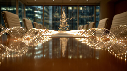 Festive string lights on office boardroom table.