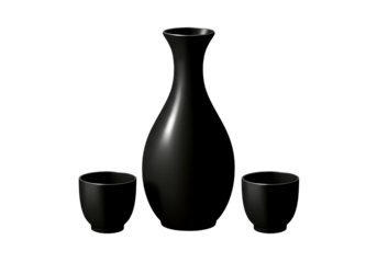 Isolated sake bottle and cups, traditional Japanese ceramic set, elegant drinkware