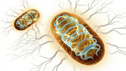 electric blue mitochondria Digital illustration of mitochondria with intricate branching structures.