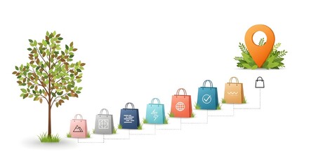 Fototapeta premium Eco-friendly shopping bags lined up near a leafy tree with a location pin graphic symbolizing sustainable choices
