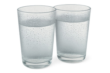 Two glasses of cold water with condensation on transparent background