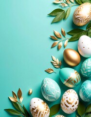 Teal Background Easter Eggs Gold Leaf Design