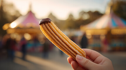 Naklejka premium Hand Holding Churro with Chocolate Sauce at Amusement Park at Sunset