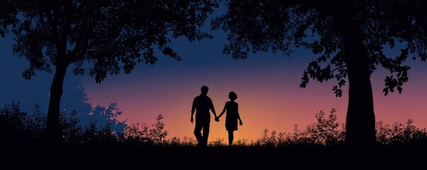 Silhouette of couple holding hands walking through park at twilight with copy space