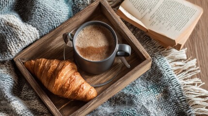 Flat lay of cozy breakfast tray with coffee, croissant, book on wood table and space