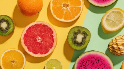 Flat lay of tropical fruit slices colorful on light background with copy space
