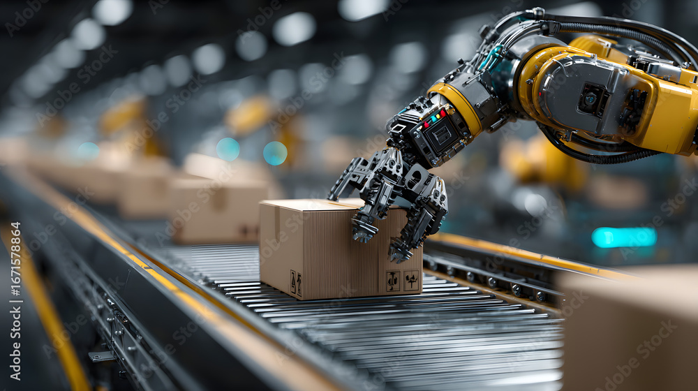 Poster automated precision on the production line: a state-f-the-art robotic arm effiiently moves cardboard