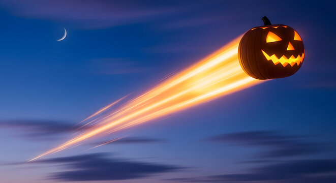 A glowing jack-o'-lantern flies through the twilight sky like a meteor leaving a fiery trail of light with a crescent moon visible