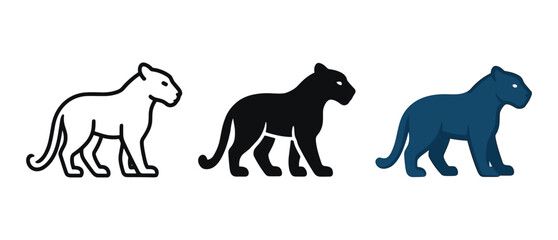 Obraz premium Three panther icons: outline, solid, and filled styles in minimalist design