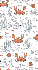 Naklejka premium Charming underwater world with crabs fish and seaweed pattern design