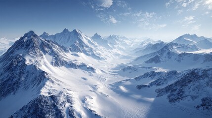 Aerial view of snow covered mountains under clear sky with negative space for messaging