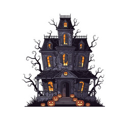 Fototapeta premium Spooky haunted house illustration with pumpkins and bare trees, perfect for Halloween.