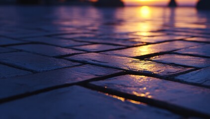 Sunrise glints on damp cobblestones, reflecting warmth on a cool, textured surface near rounded forms