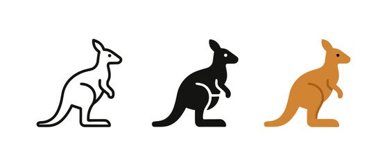 Fototapeta premium Kangaroo icons: outline, silhouette, and color styles in a minimalist design