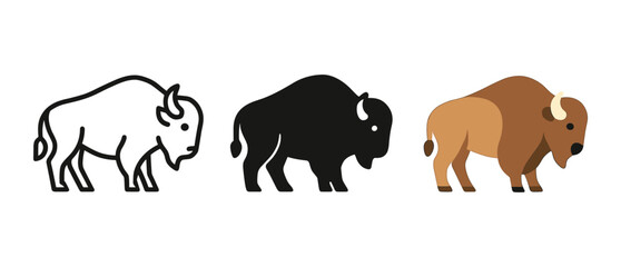 Obraz premium Bison trio: outline, silhouette, and colorful stylized animal designs