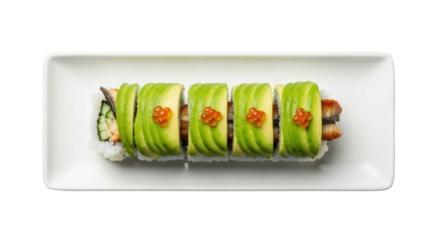 Perfectly crafted Caterpillar Roll with unagi, cucumber, avocado, and tobiko eyes, on a white ceramic plate against a transparent background, overhead flat lay, gourmet food concept