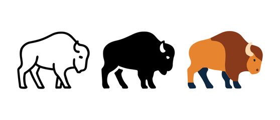 Fototapeta premium Stylized bison in three art styles: outline, silhouette, and flat colors