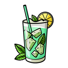 Refreshing mojito cocktail vector illustration with mint leaves, ice cubes, lime slices, summer drink art for bar menu and beverage branding