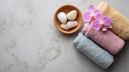Flat lay of spa essentials�towels, stones, orchid�on marble surface with space for headline
