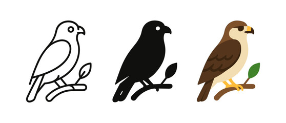 Hawk icons in linear, silhouette, and flat styles for graphic design projects