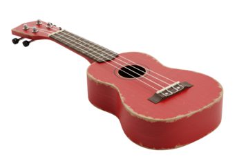 Isolated vintage red ukulele, stringed musical instrument for island music and melody fun