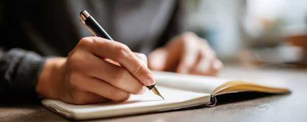 Close up of hands doing mindfulness journaling with pen and notebook on desk with copy area