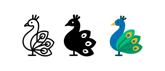 Fototapeta premium Peacock icons: outline, silhouette, and colorful designs