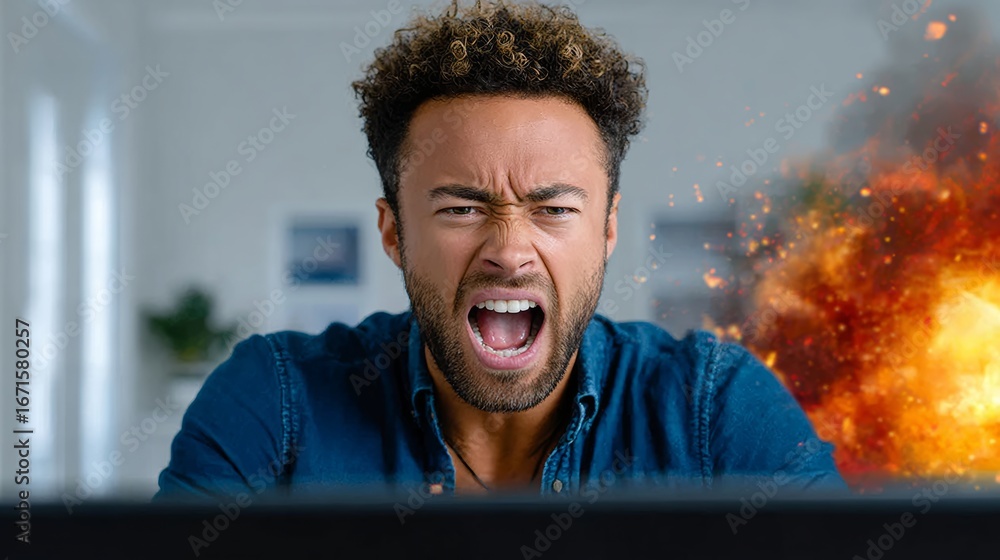 Poster Man is yelling at a computer screen with a fire explosion in the background. The man is angry and frustrated, and the fire explosion adds to the intensity of the scene