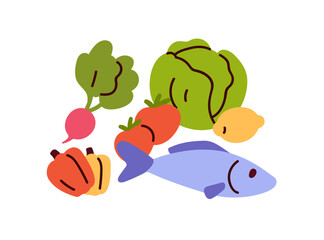 Fish and vegetables, healthy diet. Fresh salmon, cabbage, bell pepper, tomato and lemon. Natural organic food ingredients, nutrition, produce. Flat vector illustration isolated on white background