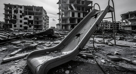 Broken plastic slide in abandoned playground with destroyed buildings. War zone ruin and humanitarian crisis concept for news or documentary.