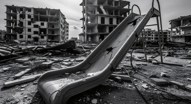 Broken plastic slide in abandoned playground with destroyed buildings. War zone ruin and humanitarian crisis concept for news or documentary.