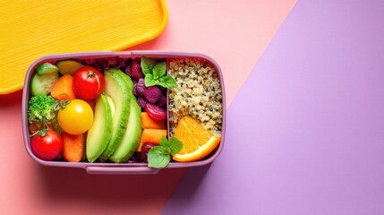 Flat lay of healthy lunch box with colorful veggies, quinoa, and fruit on pastel background