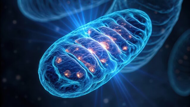 electric blue mitochondria 3D illustration of a mitochondrion, highlighting its structure and energy production function.
