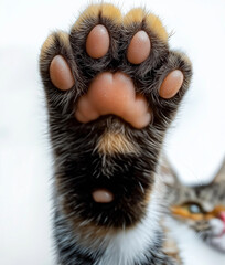 Close-up of cat paw raised, feline foot pads and fur details, adorable kitten gesture, domestic pet concept, animal texture and veterinary care background