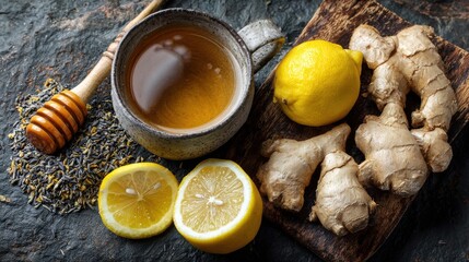 Flat lay of herbal tea ingredients�ginger, lemon, honey�on rustic background with text area