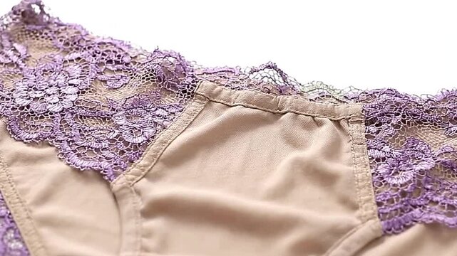 Closeup of nude lingerie with violet lace trim