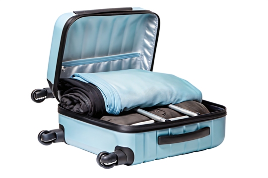 Light blue suitcase packed with clothing isolated on a transparent background open