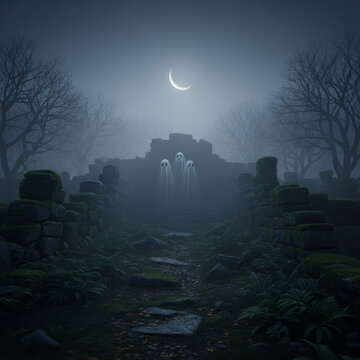 Ruines antiques sous la lune croissante, envelopp&eacute;es de brume et d&rsquo;ombres dans une for&ecirc;t hant&eacute;e