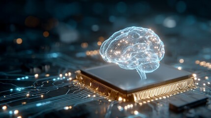 Digital Brain Illustration on Microchip in Futuristic Technology Scene