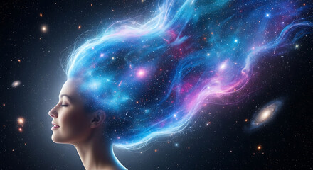 Womans Head Silhouette with Cosmic Nebula Hair Flowing Through Starry Galaxy.