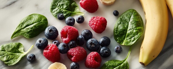 Flat lay of smoothie ingredients�berries, spinach, banana�on marble surface with copy space