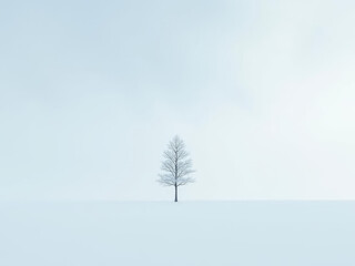 Arbre solitaire au milieu d’un paysage enneigé minimaliste sous un ciel clair et apaisant